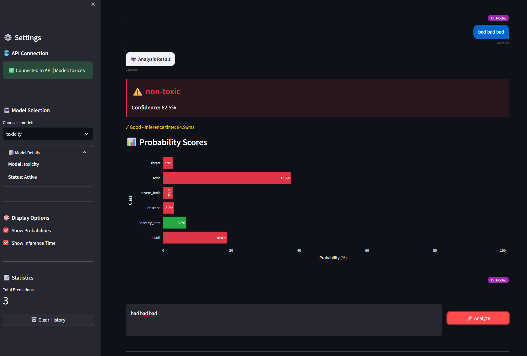 Cloud NLP Classifier connected to the toxicity API and displaying a six-category analysis for the text bad bad bad