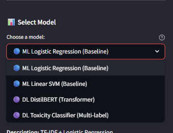 Model selector listing logistic regression, linear SVM, DistilBERT, and multi-label toxicity classifier options