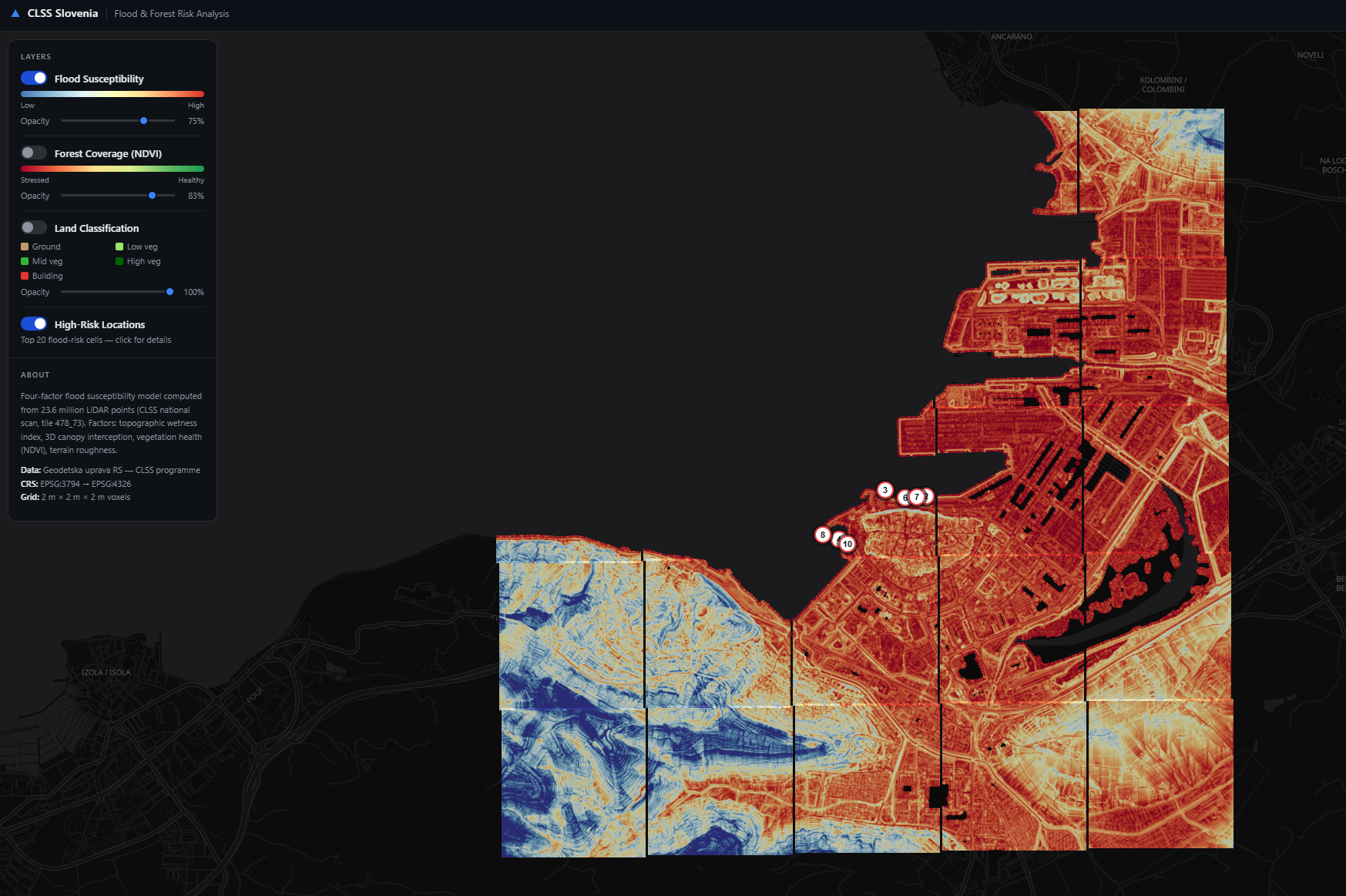 Flood susceptibility overlay in a coastal region generated from Slovenia CLSS LiDAR data