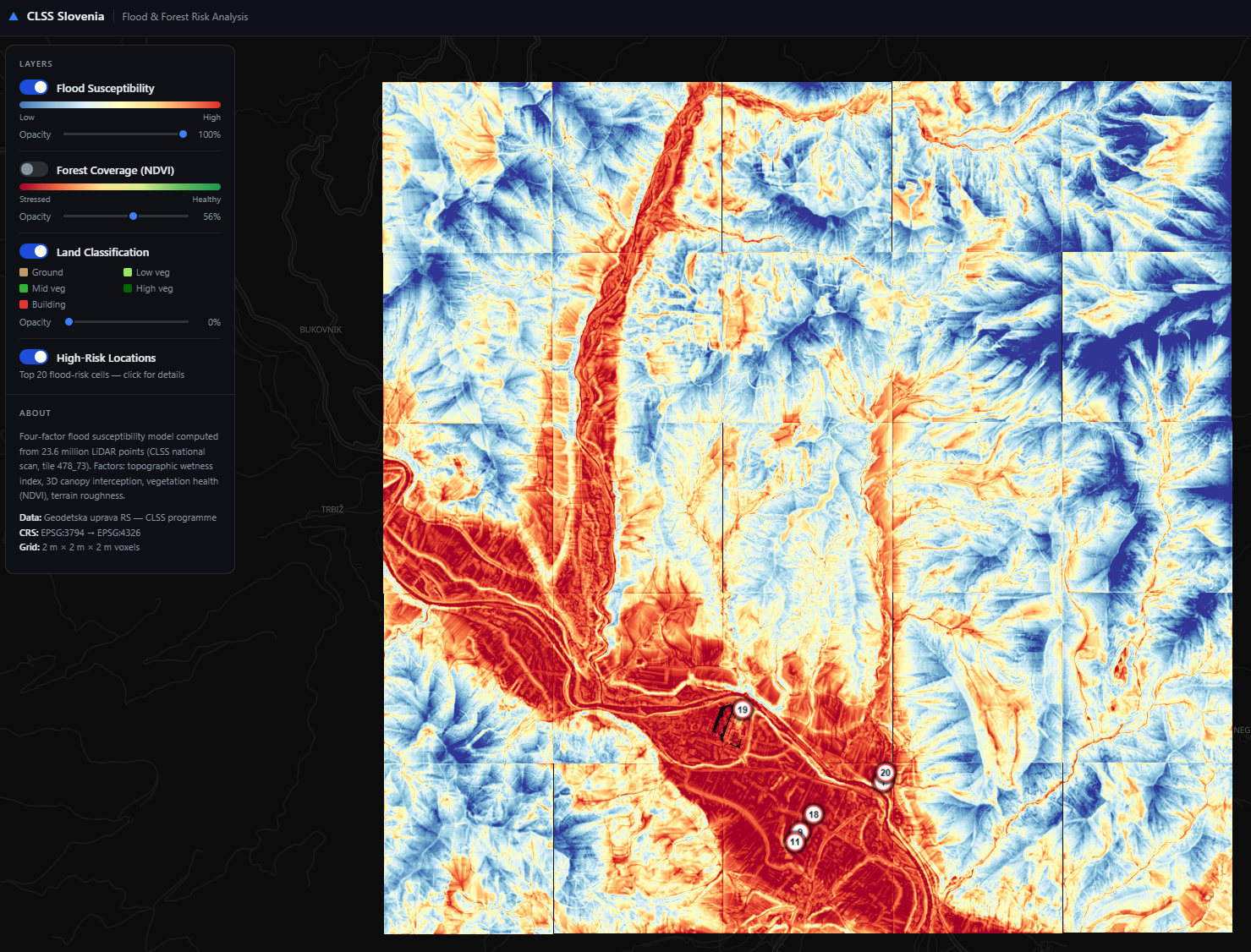Flood susceptibility overlay across Ljubljana generated from Slovenia CLSS LiDAR data