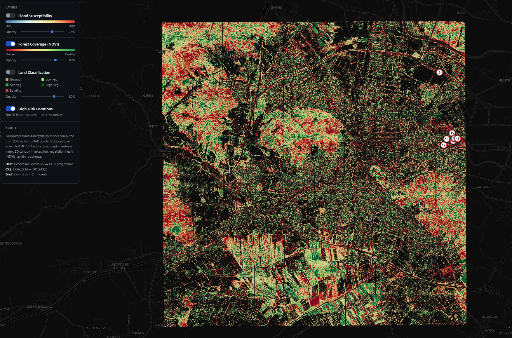 Forest coverage and NDVI health visualization over Ljubljana derived from official Slovenia CLSS data