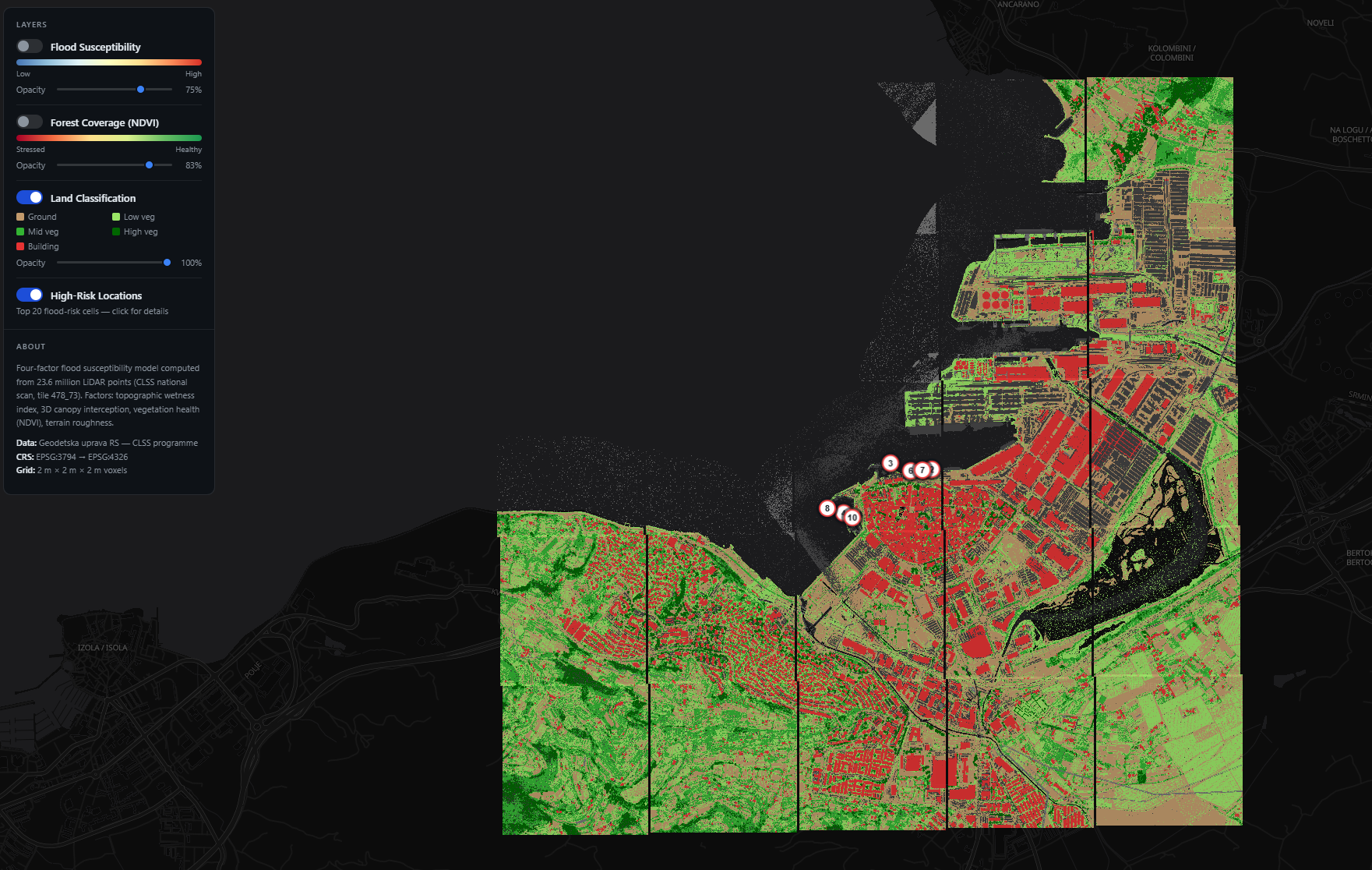 Land classification overlay in a coastal/industrial region derived from Slovenia CLSS LiDAR data
