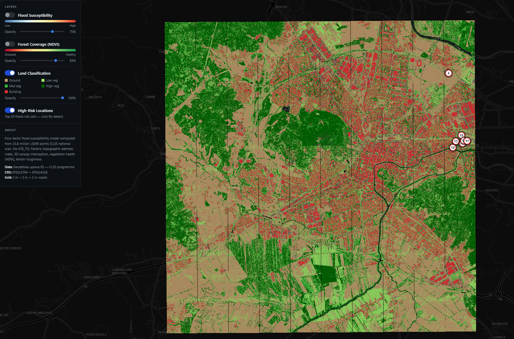 Land classification overlay across Ljubljana derived from Slovenia CLSS LiDAR data