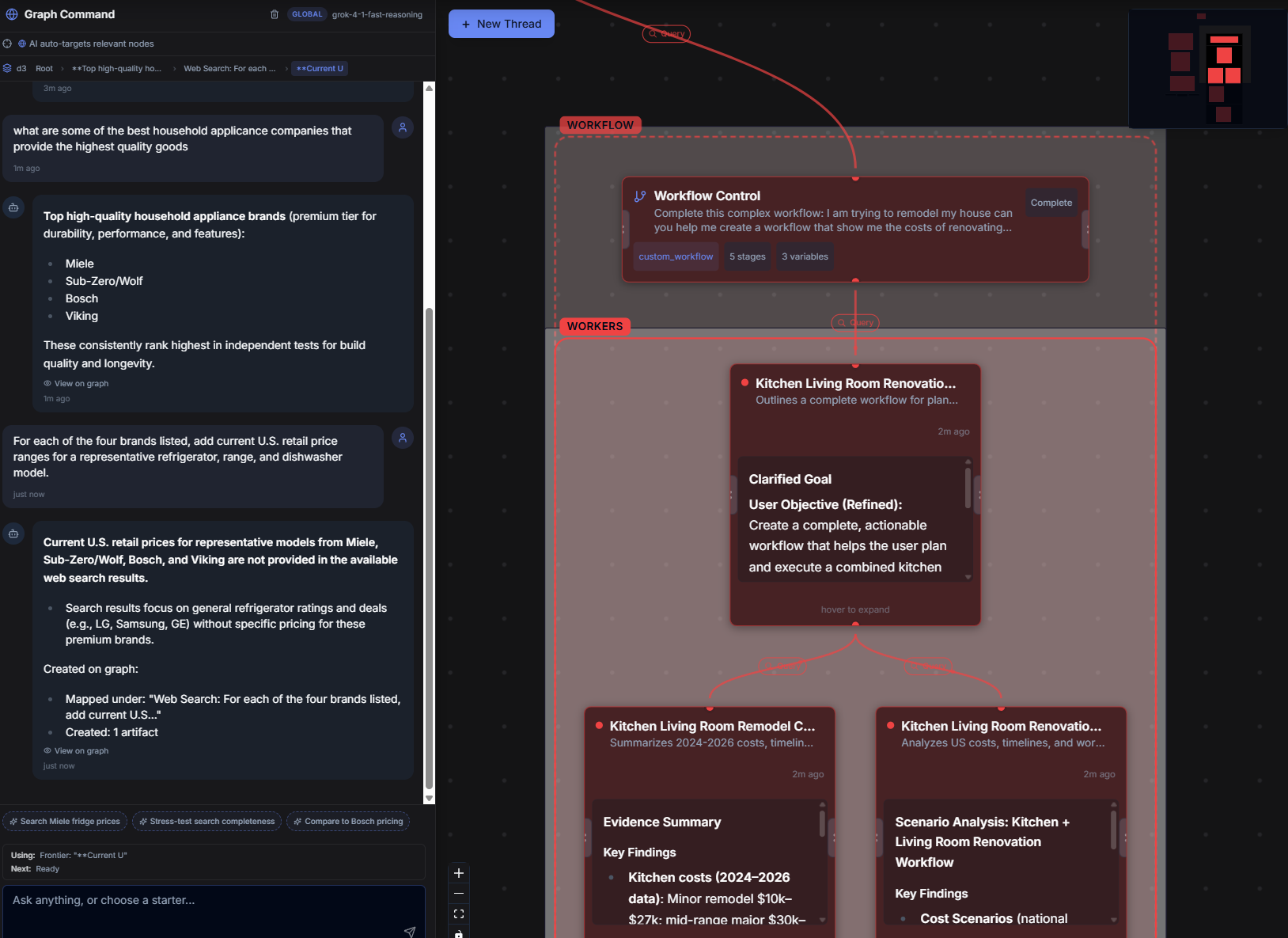 Teserax workflow view with a workflow-control node coordinating worker nodes for a kitchen and living-room renovation analysis